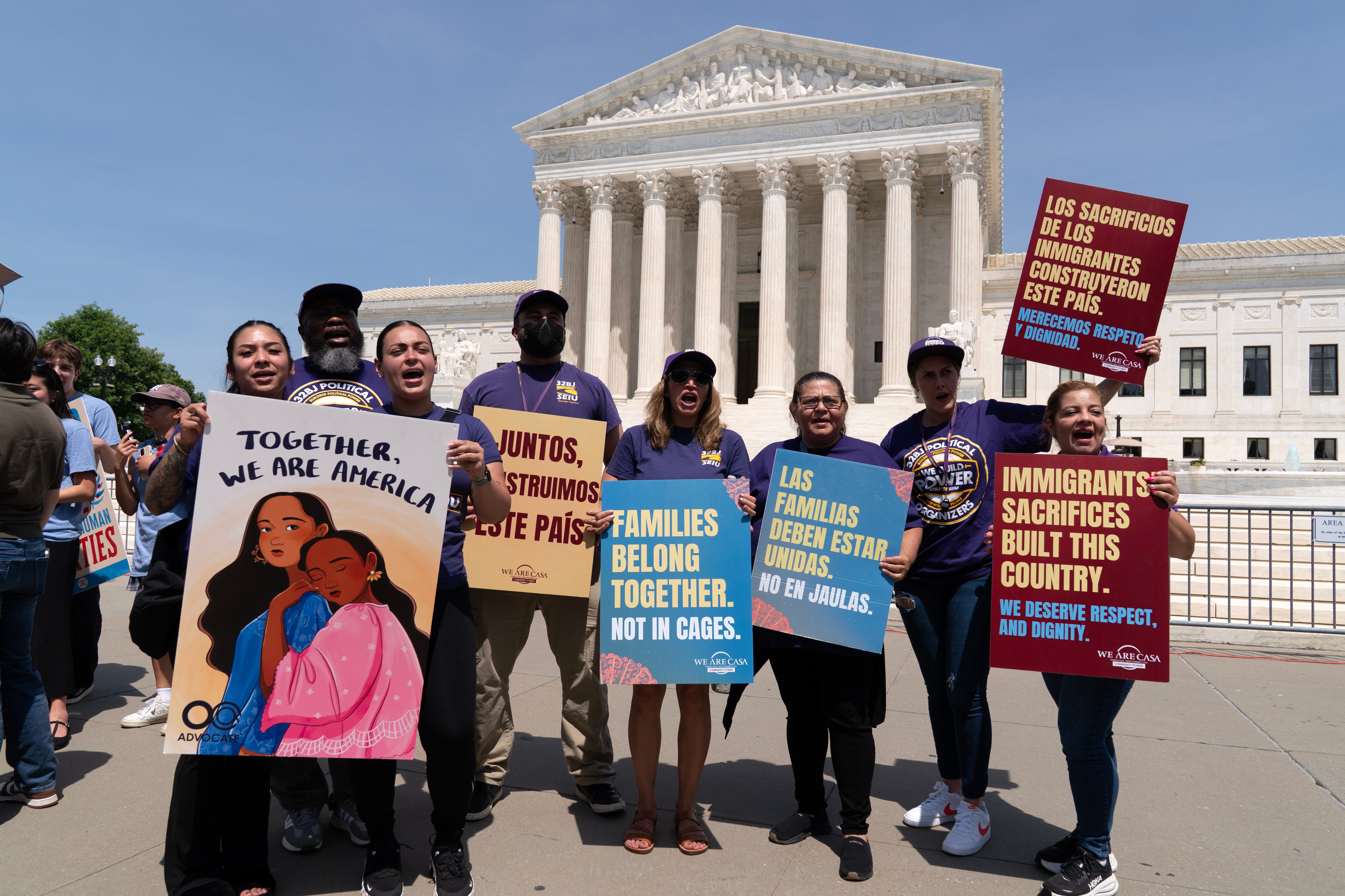 Activists celebrate the birthright citizenship ruling outside of the Supreme Court, Tuesday, in Washington.