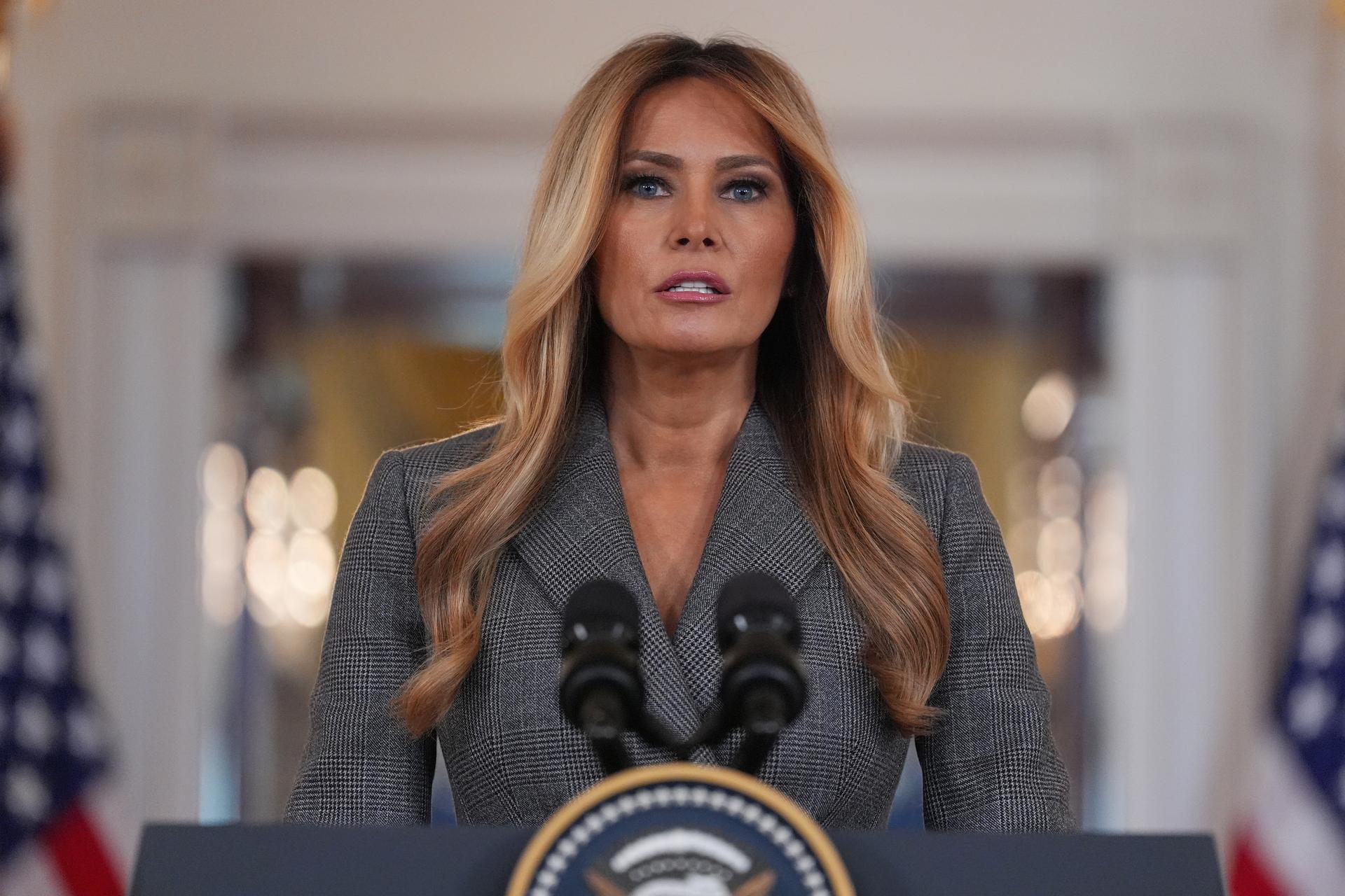 First lady Melania Trump speaks to reporters on Thursday in the Grand Foyer of the White House in Washington.