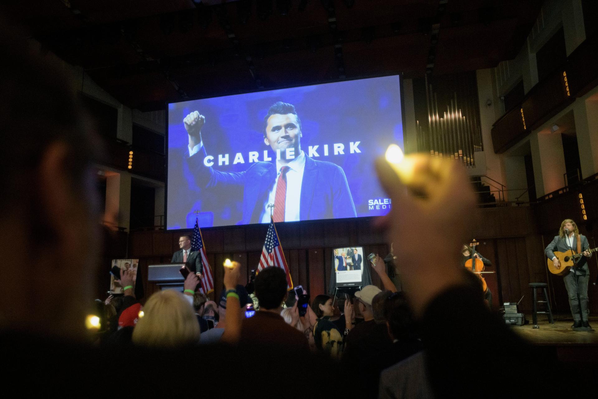 A memorial and prayer vigil for Charlie Kirk at the John F. Kennedy Memorial Center for the Performing Arts, Sunday.