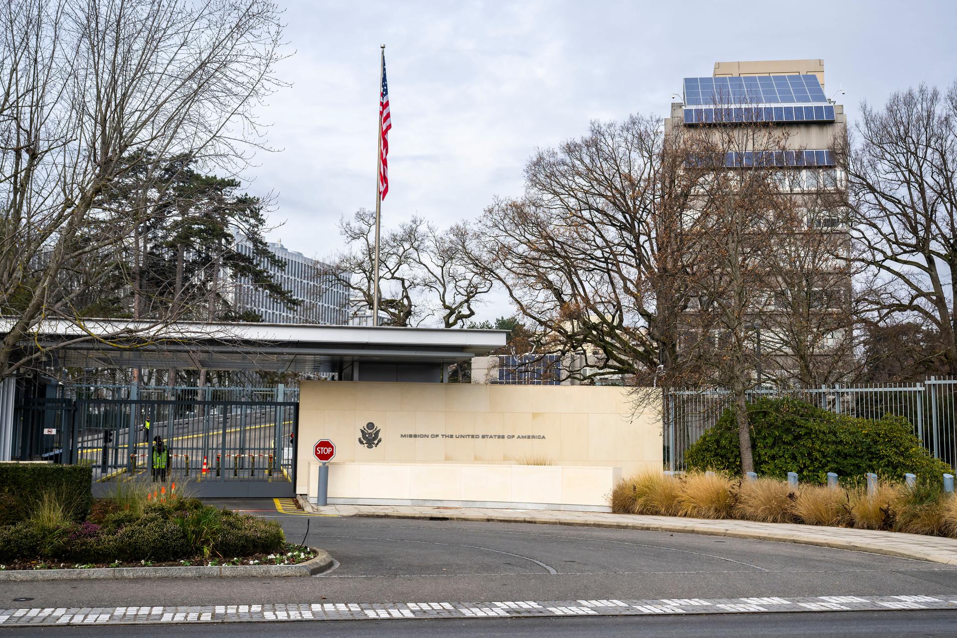 A view of the US Permanent Mission, in Geneva, Switzerland, on Sunday. (Martial Trezzini/Keystone via AP)