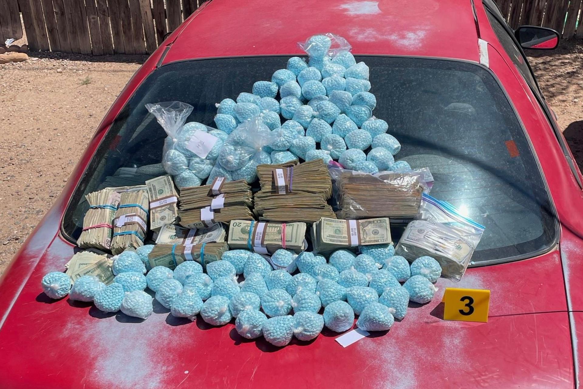 This photo provided by the U.S. Drug Enforcement Administration shows pills containing fentanyl which were seized by the DEA in New Mexico, 2025. 