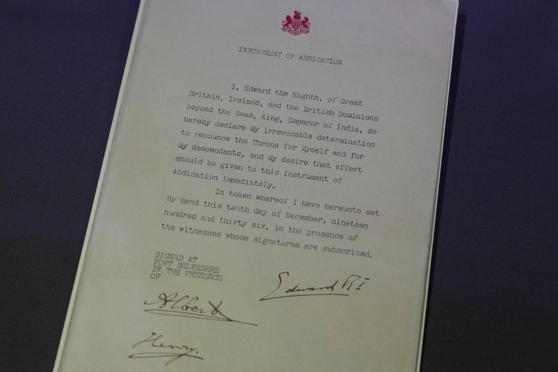 The Abdication document of Britain's King Edward VIII on display during a preview of the exhibition entitled “Love Letters” at the National Archives in London on Wednesday. (AP Photo/Alastair Grant)