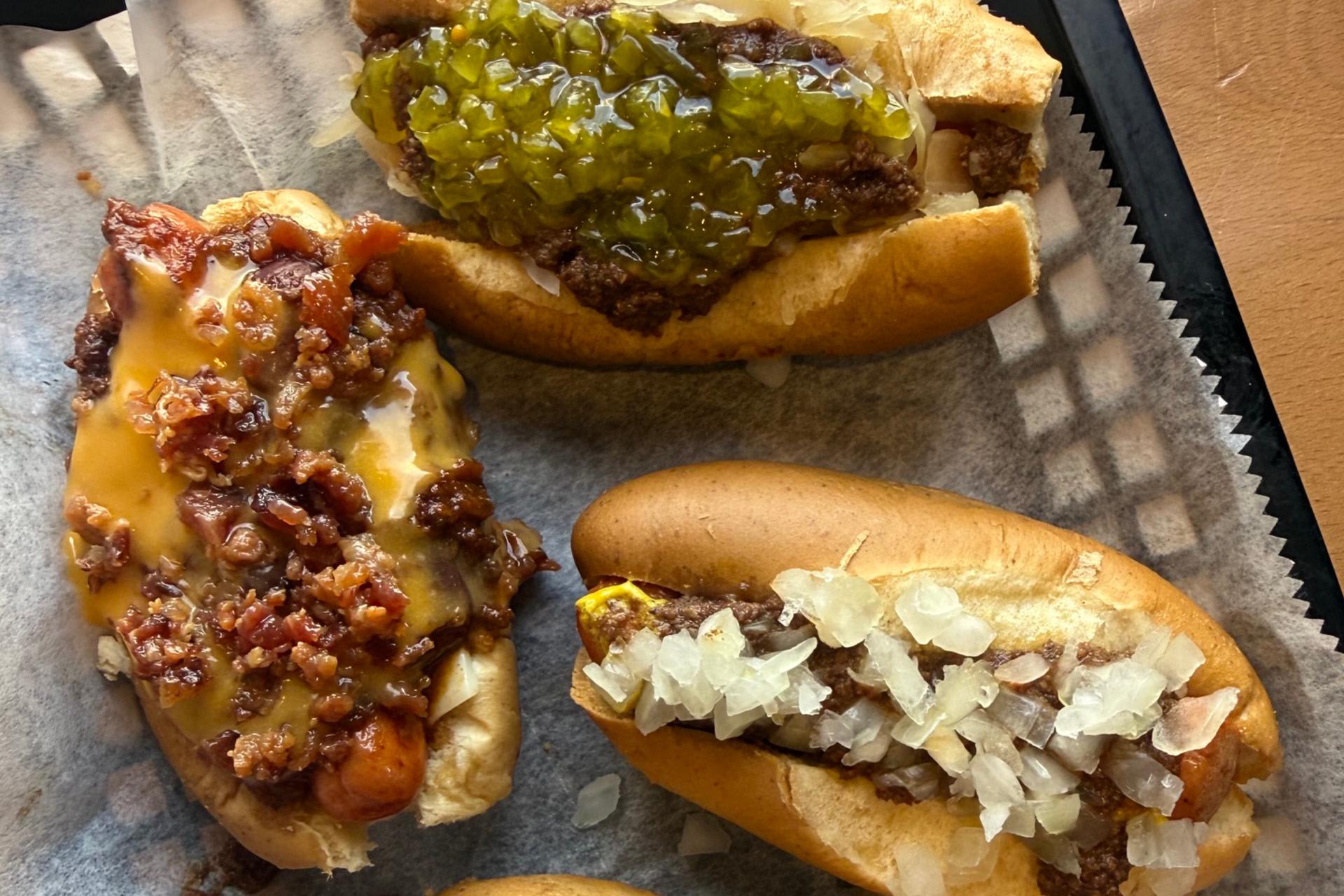 Three dressed mini hot dogs at Hot Dog Ranch in Pittsfield, Mass., June. 