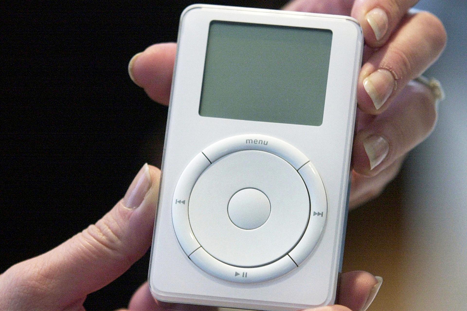 An iPod is displayed after its introduction during a news conference in 2001, in Cupertino, Calif.