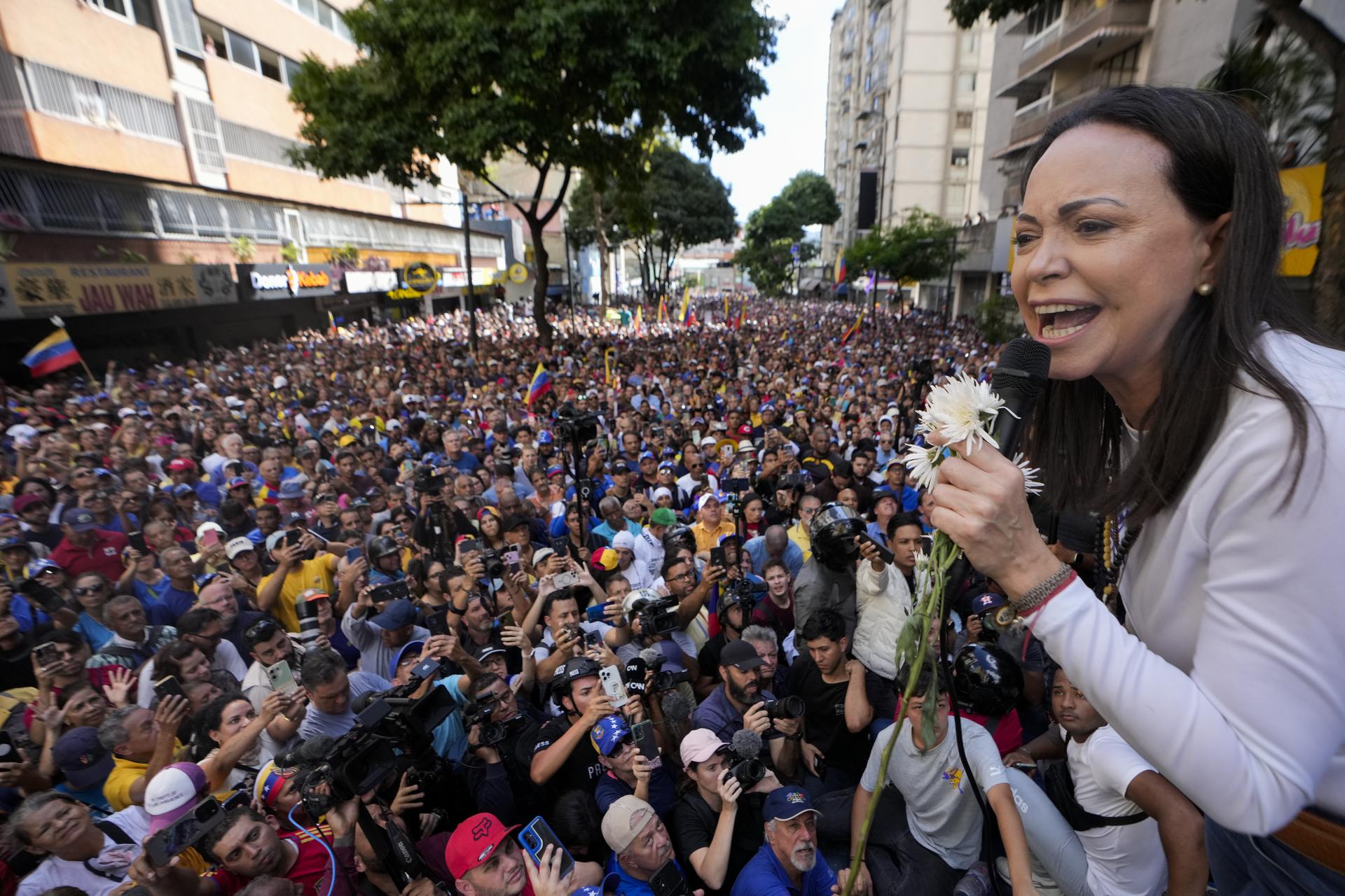 Opposition leader María Corina Machado addresses supporters during a protest against President Nicolas Maduro the day before his inauguration for a third term in Caracas, Venezuela, on Jan. 9. 