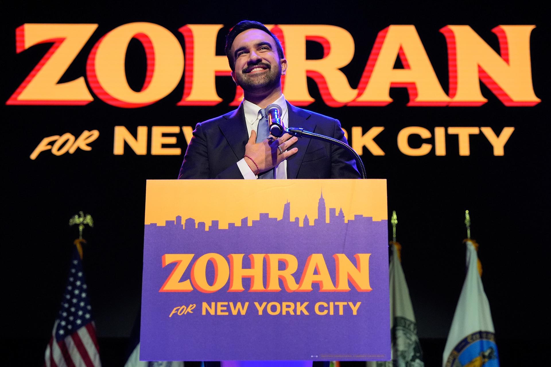 Zohran Mamdani speaks during a victory speech at a mayoral election night watch party, Tuesday, in New York.