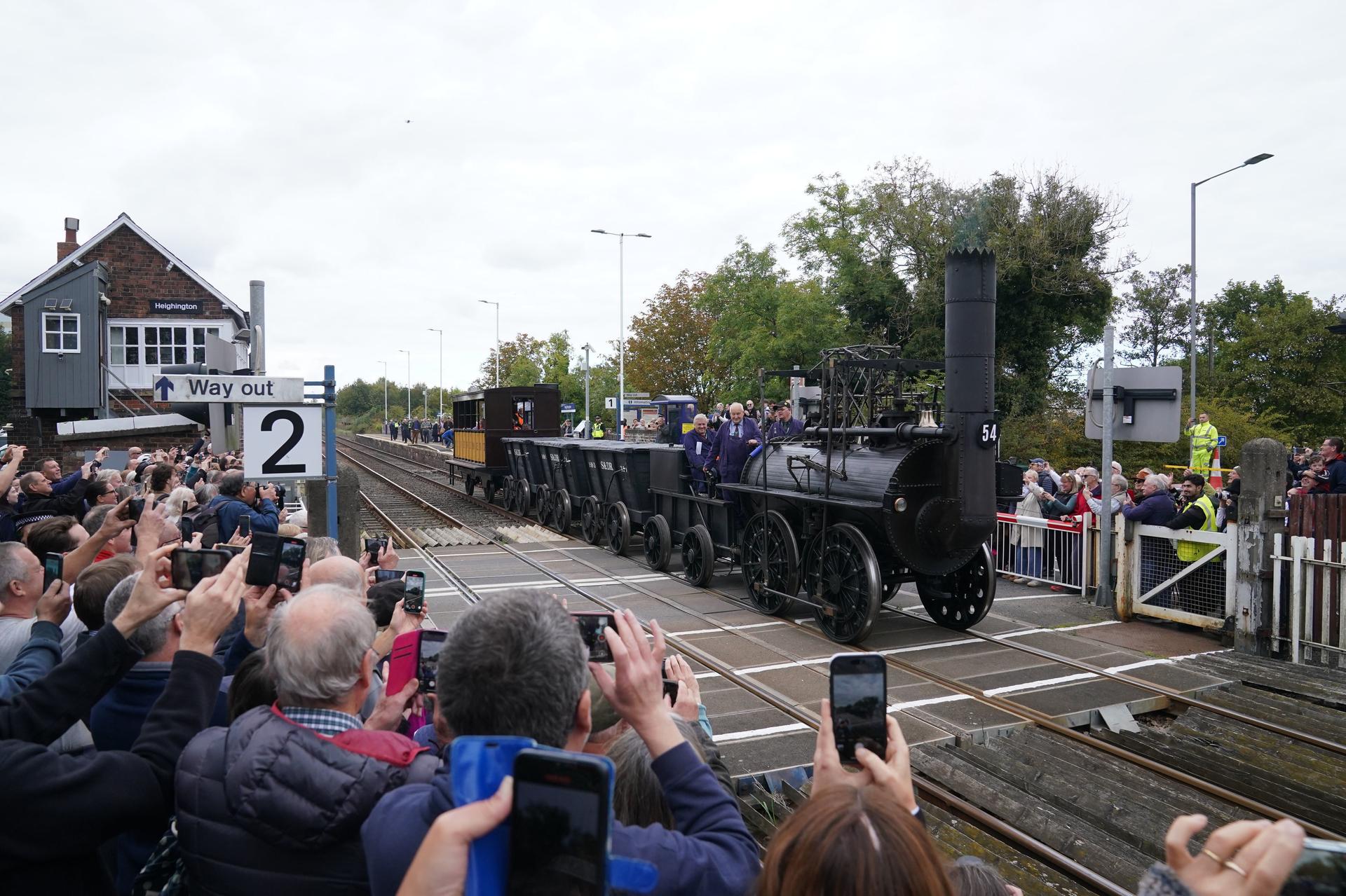 Replica Locomotion No1 passes through Heighington, County Durham. 