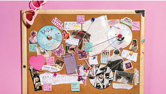 detective board of Taylor Swift in pink room