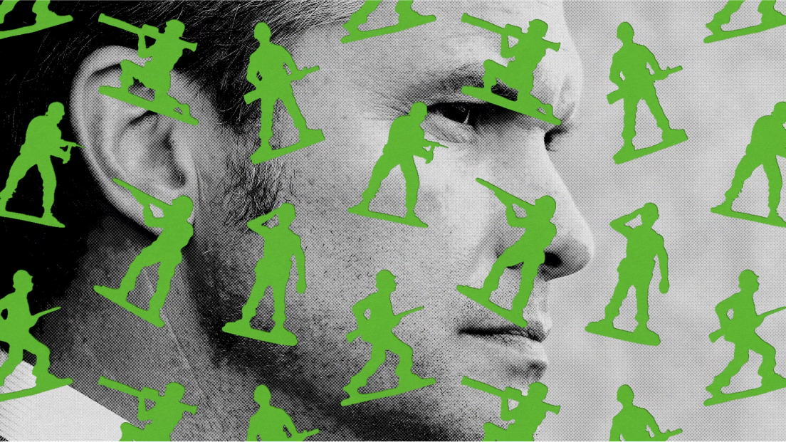 A black-and-white photo of Pete Hegseth overlaid by green cutouts of toy soldiers.