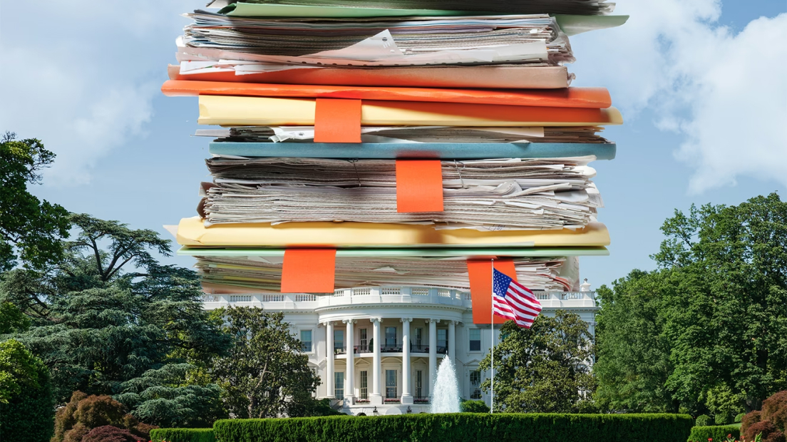 A photo illustration showing a massive stack of lawsuits sitting on top of the White House.