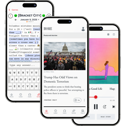 Three iPhones with Bracket City, the home page of The Atlantic app, and a How To podcast playing