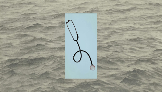 A stethoscope against a blue background layered over a photo of the ocean