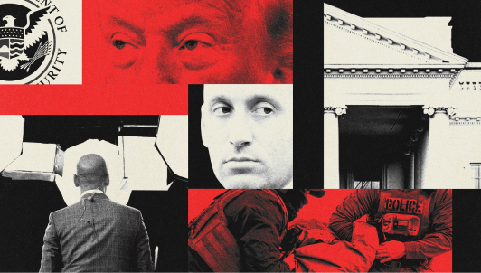 Photo collage of black and white and red-hued photos of Stephen Miller, Donald Trump, ICE agents arresting a person, and government buildings and symbols