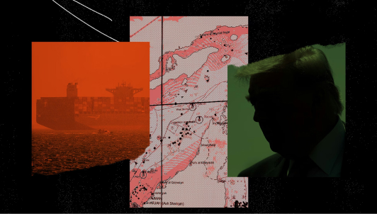 Photo collage of a shipping container vessel, a map of the Middle East, and Donald Trump in profile