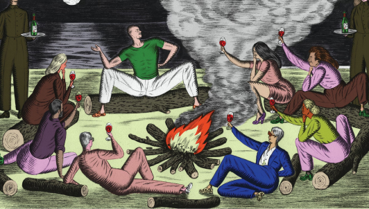 Illustration in style of color woodcut of people sitting on logs around wood bonfire on beach at night raising glasses of red wine with butlers serving in background.