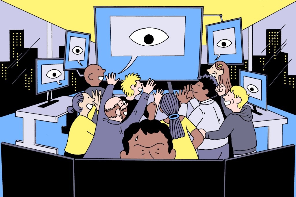 An illustration of a crowd of people with smiles in a workplace surrounded by computer screens with a watchful AI eye above them, while one person looks away unhappily.