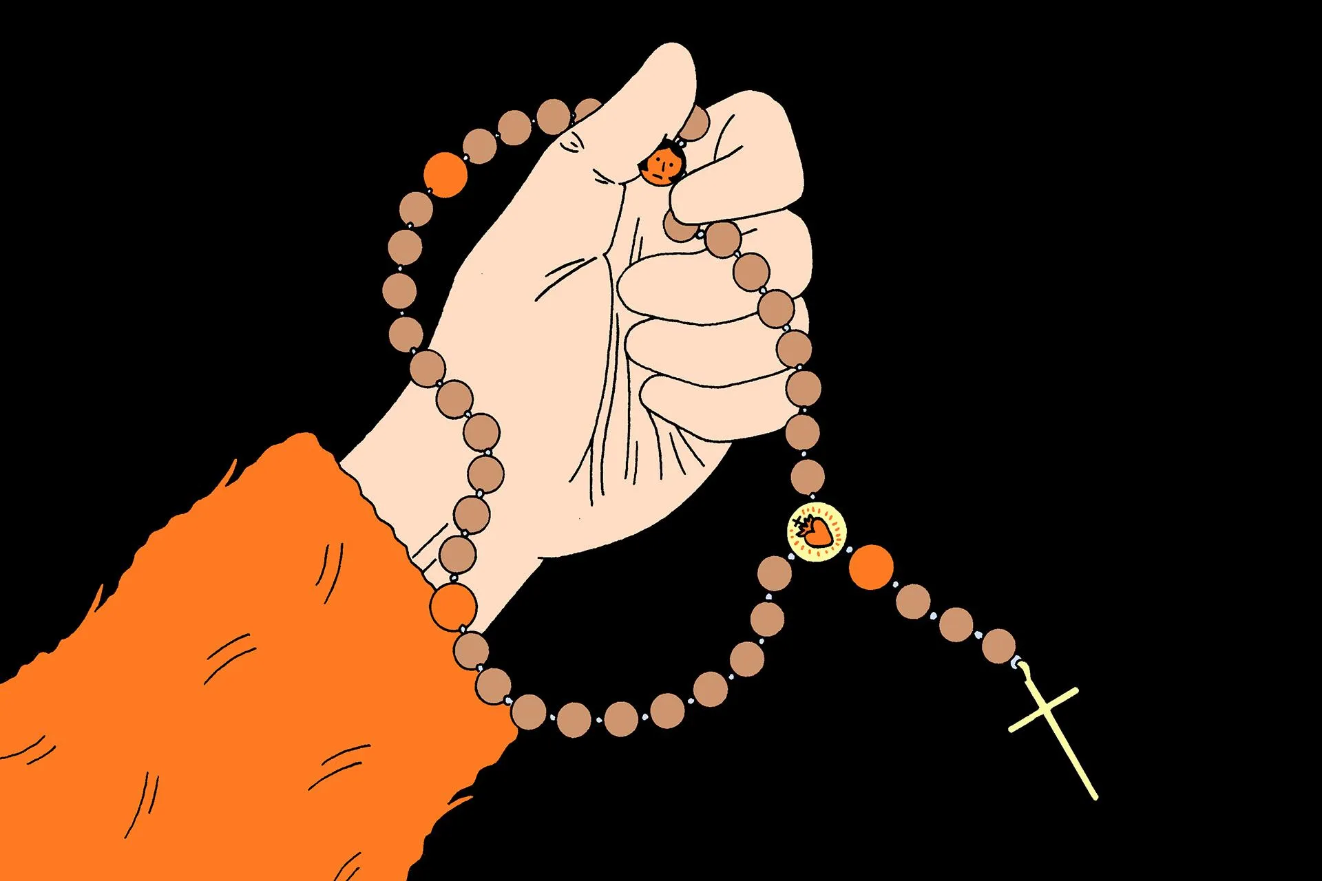 An illustration of a hand with a rosary.