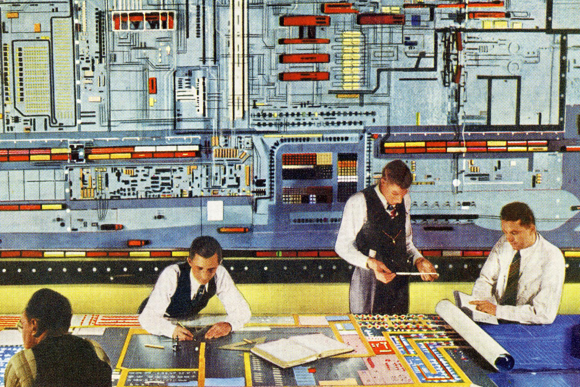 An illustration of men in shirts and ties working against a vintage computer mainframe in the background.
