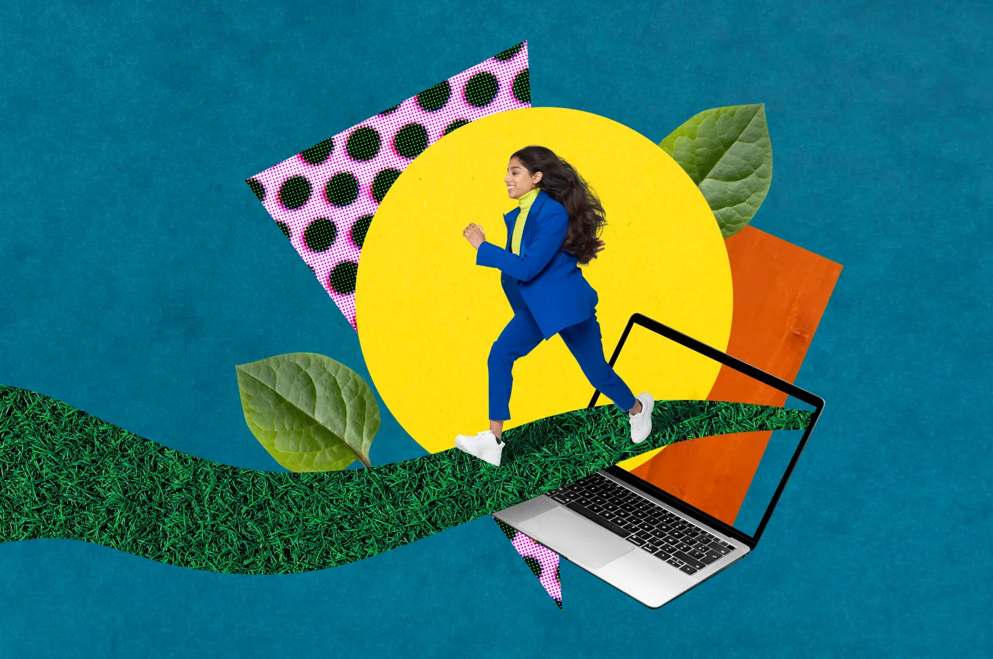 A woman in a business suit and sneakers running along a grass path, cut out into a collage including a laptop, leaves, and colorful shapes
