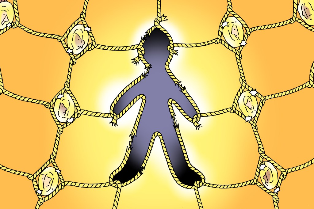 An illustration of a spider-web-like net with a hole in the middle in the shape of a person. At each intersection of the net is a sparkling gem reflecting a person's face