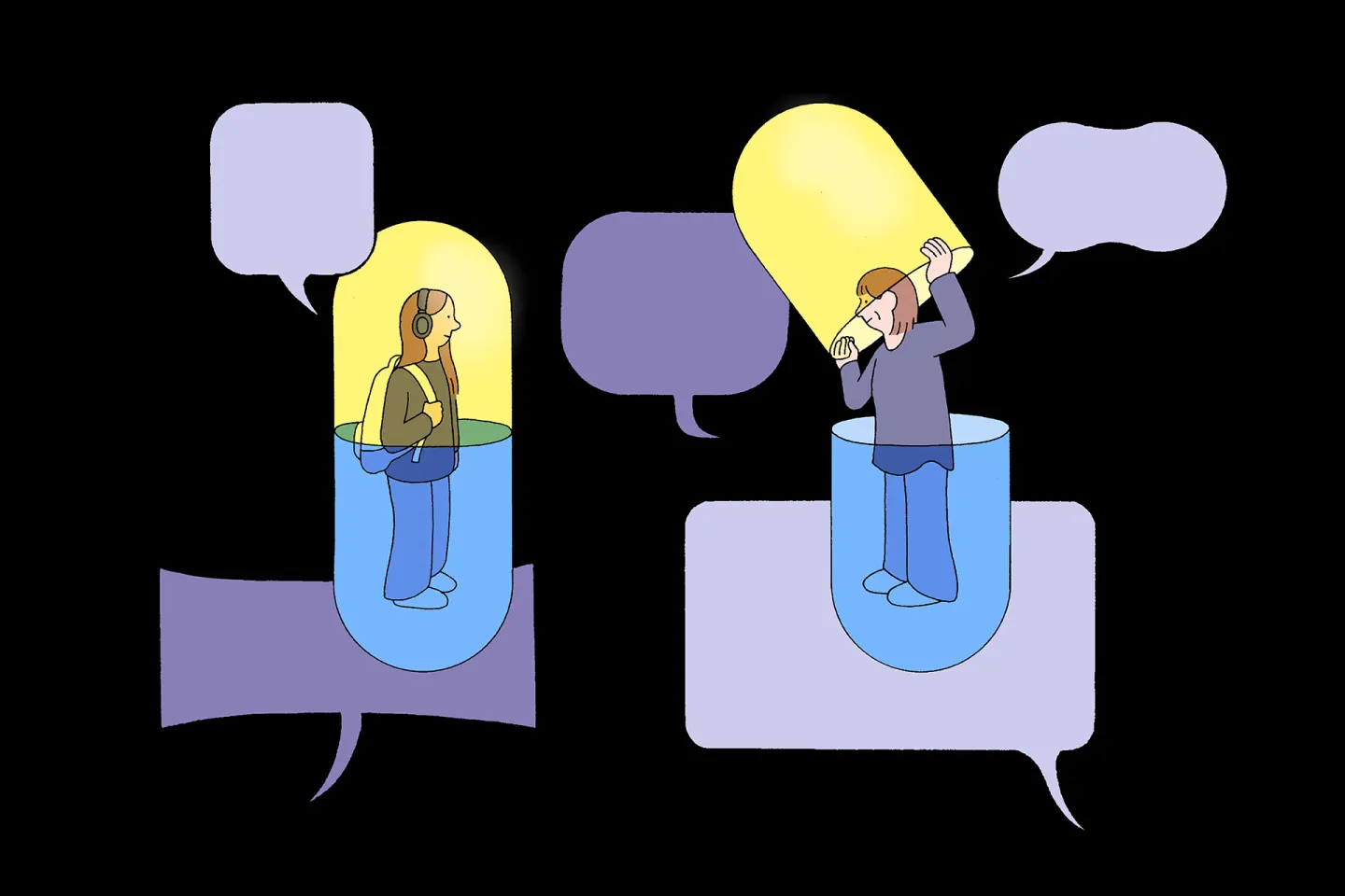 conceptual illustration of two people one contained in a pill, another one emerging from a pill, surrounded by speech bubbles