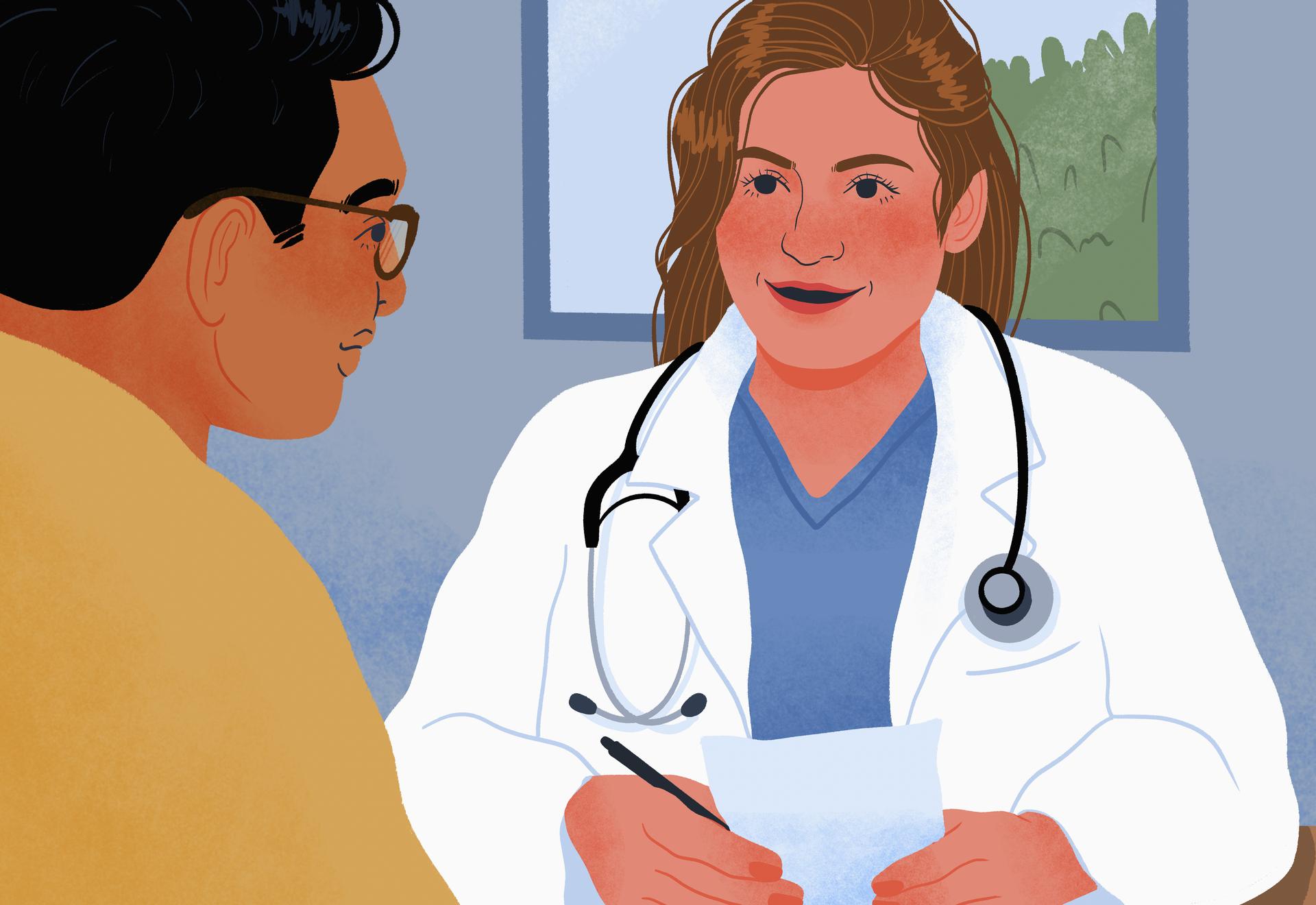 A doctor speaks with her patient