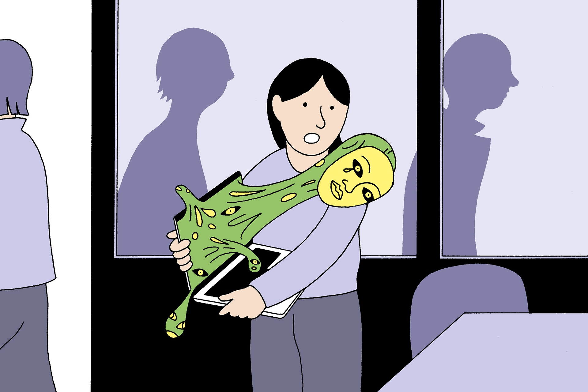 An illustration of a young woman holding a laptop with a green blobby mass emerging from its screen. The mass has tentacles with small faces on them and one large tentacles wearing a mask of a sad human face is resting on the shoulder of the young woman.