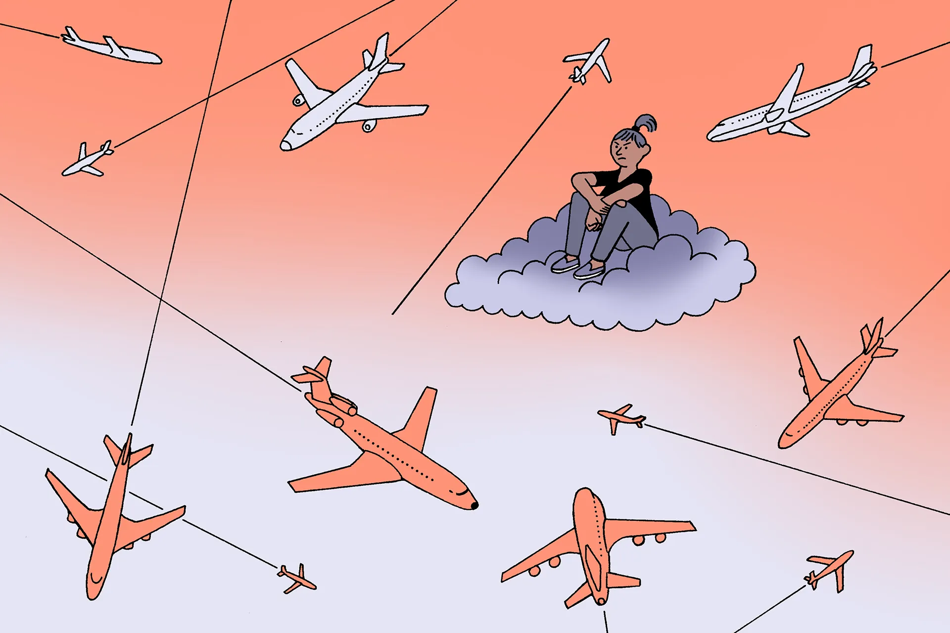 A person sits on a gray cloud in the sky surrounded by airplanes.