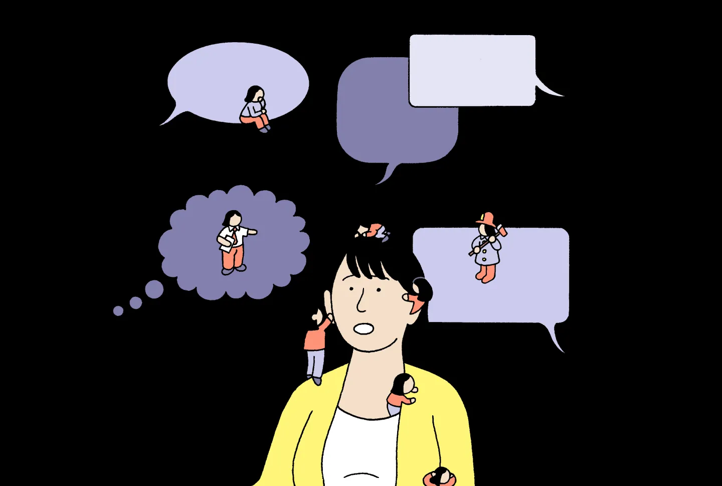 illustration of a woman with miniature versions of herself and speech bubbles