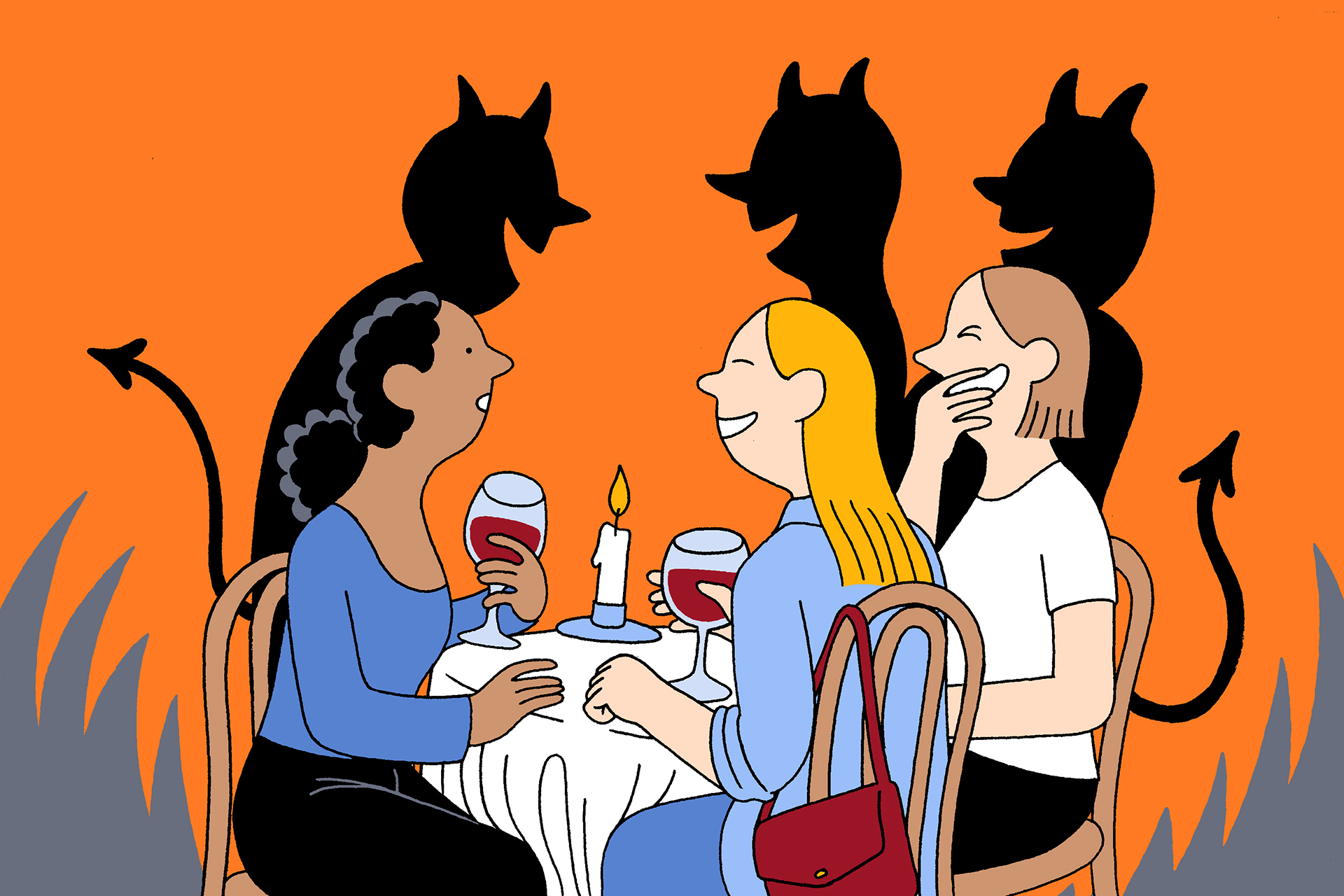 A group of friends sitting around a table with glasses of wine, laughing. Their shadows outlined on the wall behind them are little devils with horns and tails.