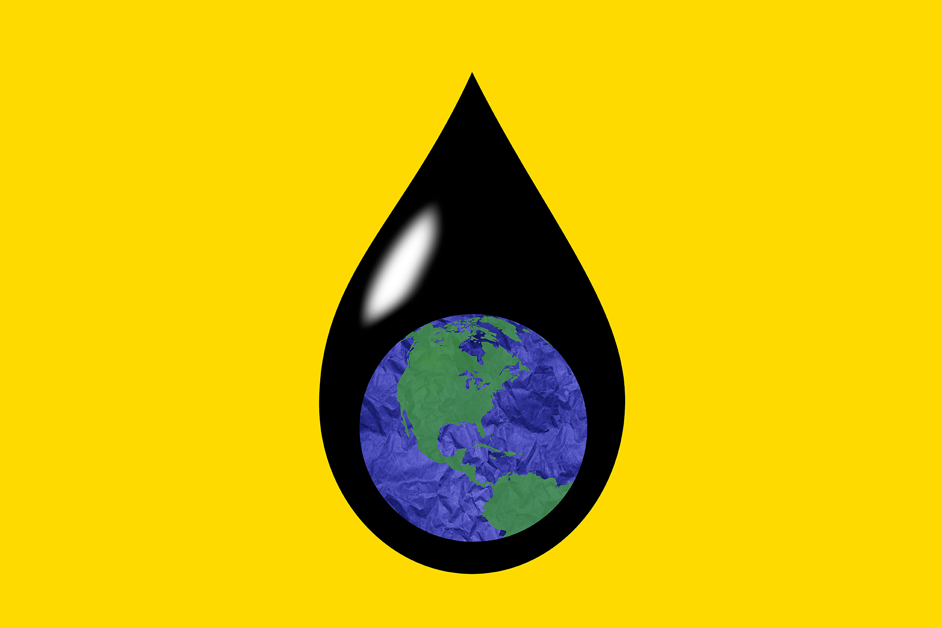 A black oil drop surrounds the earth, on a yellow background.