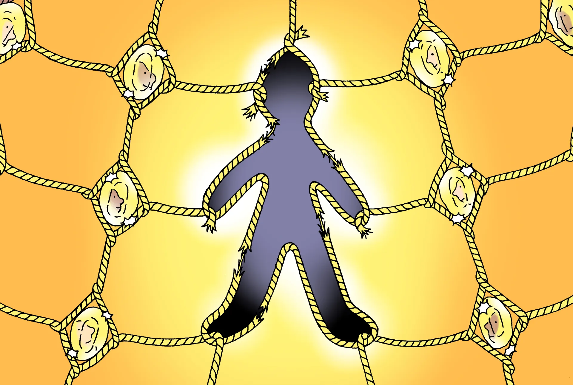 An illustration of a net, with a person-shaped hole in the middle.