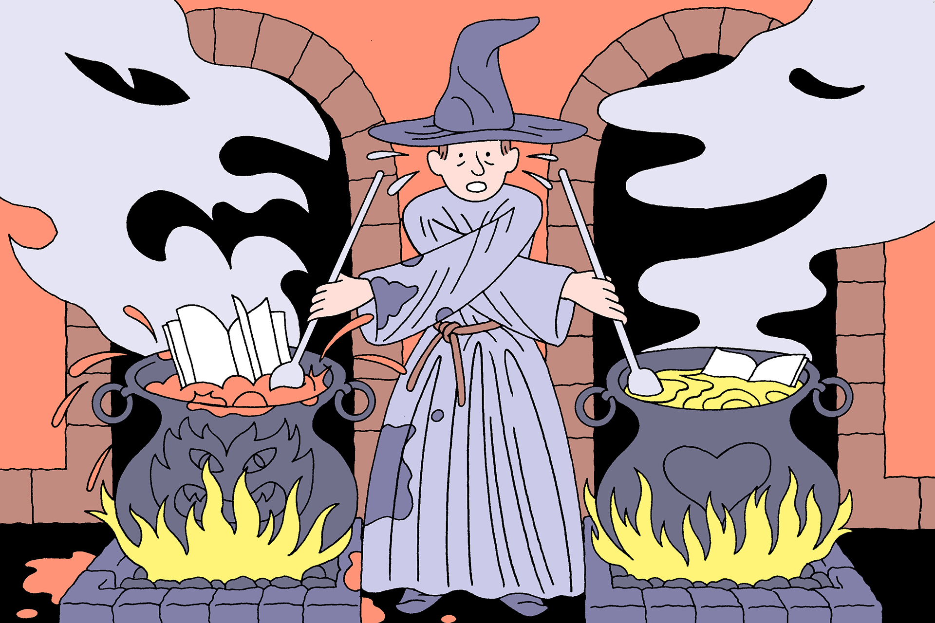 An illustrated man dressed as a wizard is nervously stirring two cauldrons: one with ominous vibes and one with warm, friendly vibes