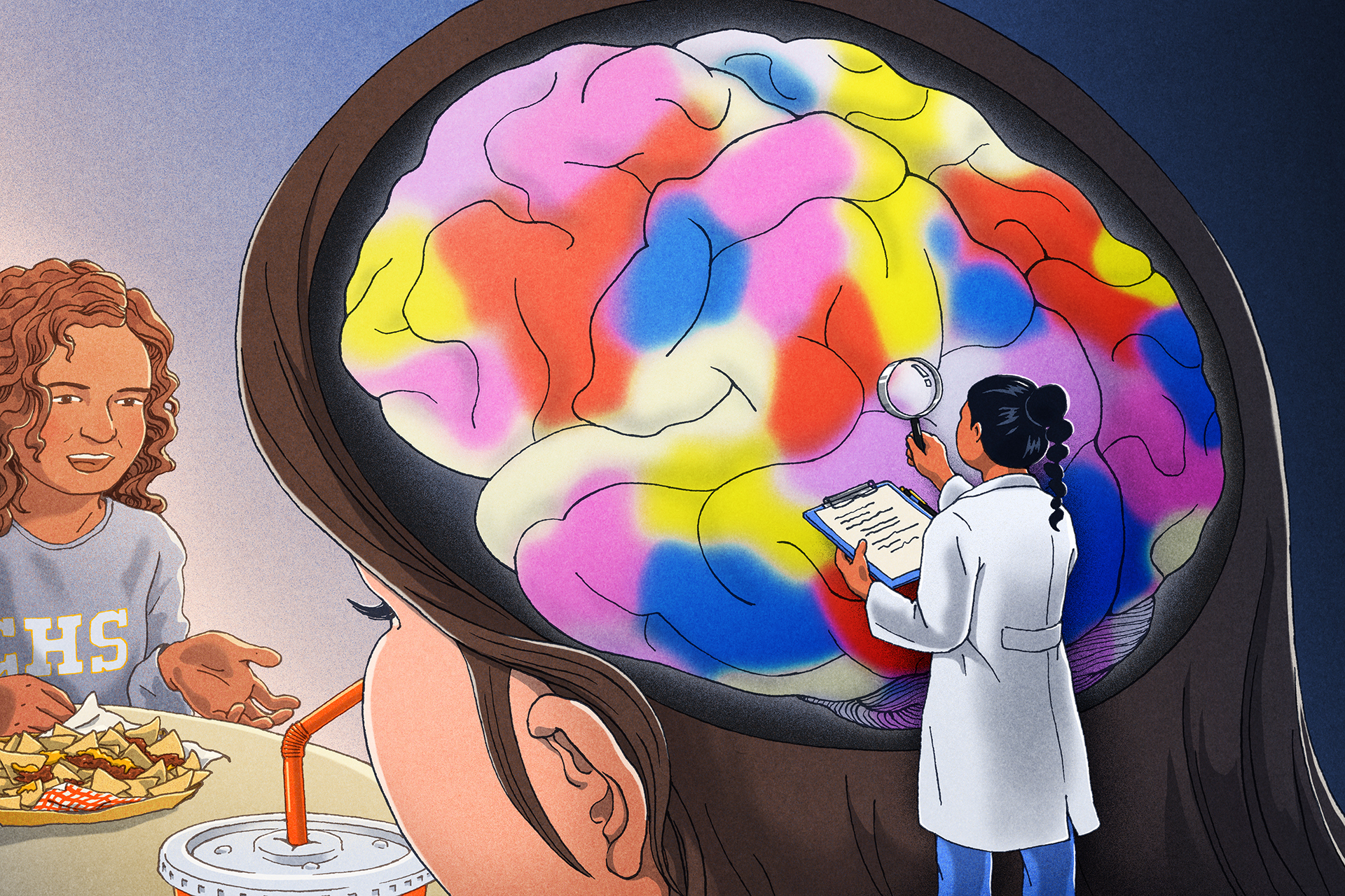 illustration of a researcher in a white lab coat examining the complex and colorful brain of a teenager while she eats lunch with a friend