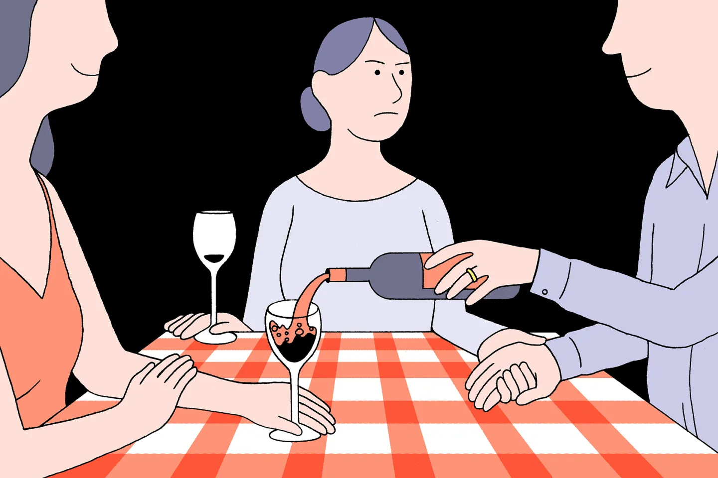 An illustration of a man and two women sitting at a table; the man is pouring wine into the glass of one woman, while leaving the other's empty.