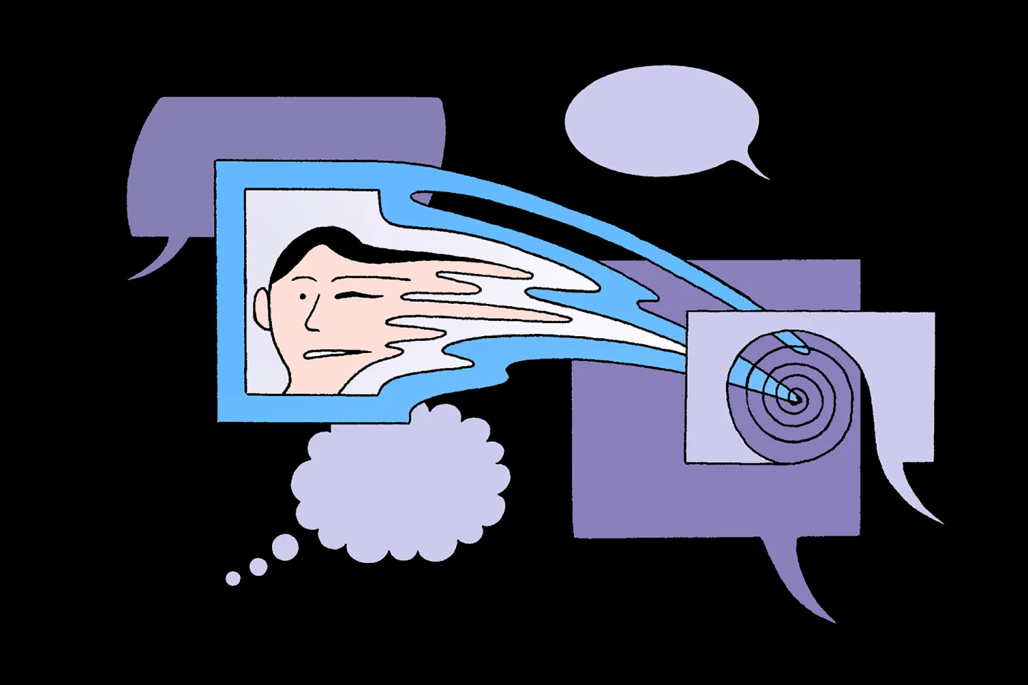 conceptual illustration of two people, one contained in a pill, another one emerging from a pill, surrounded by speech bubbles