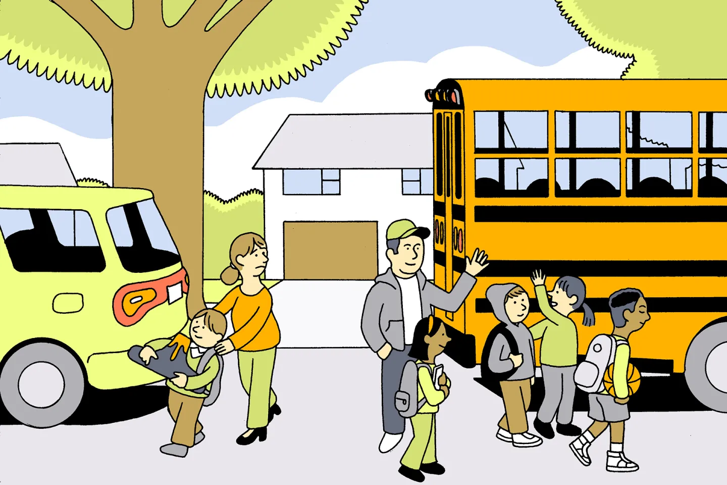 illustration of a parent and a child walking toward a car, while a group of kids stand near a bus with a waving bus driver