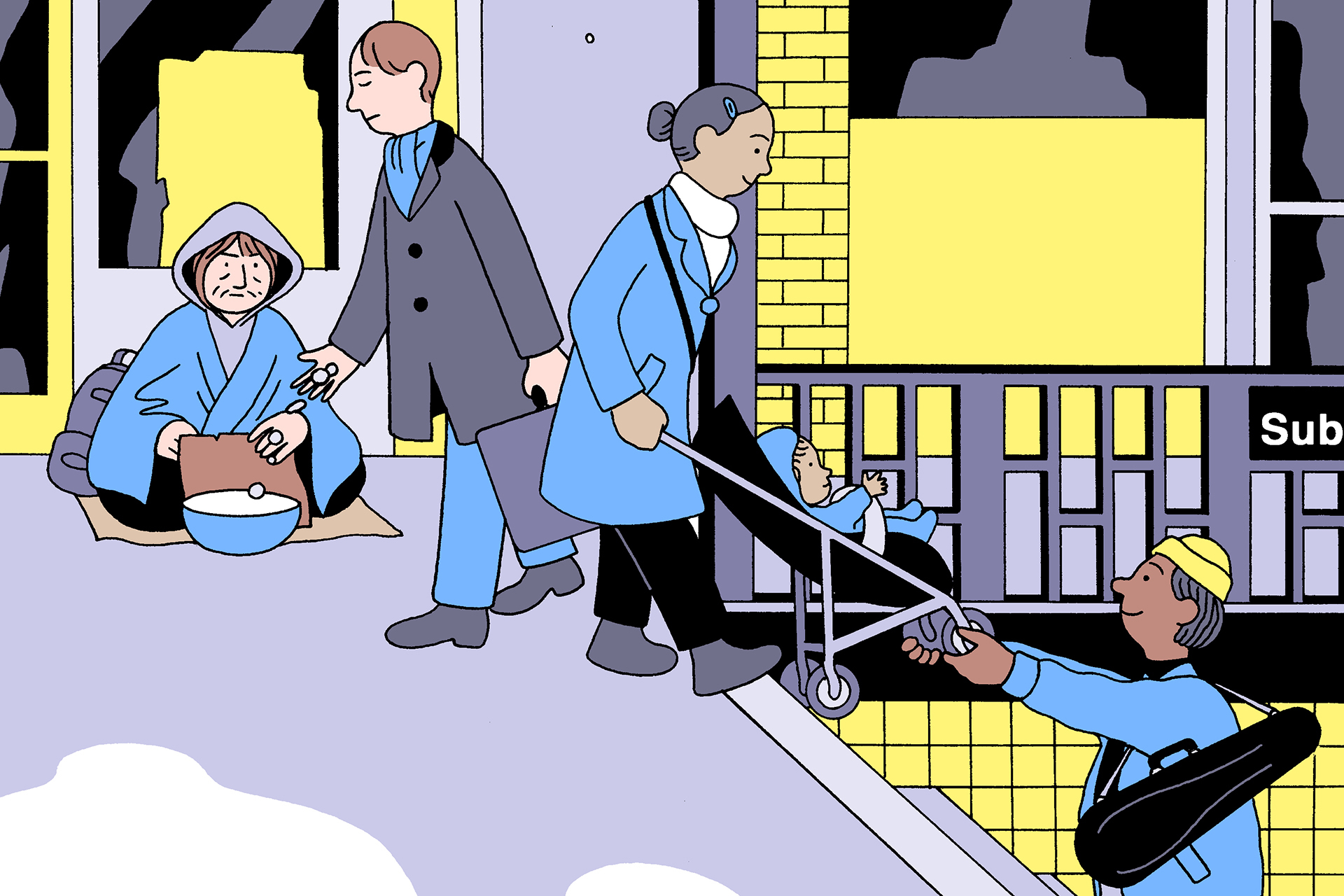 An illustration of a crowd of people with smiles in a workplace surrounded by computer screens with a watchful AI eye above them, while one person looks away unhappily.