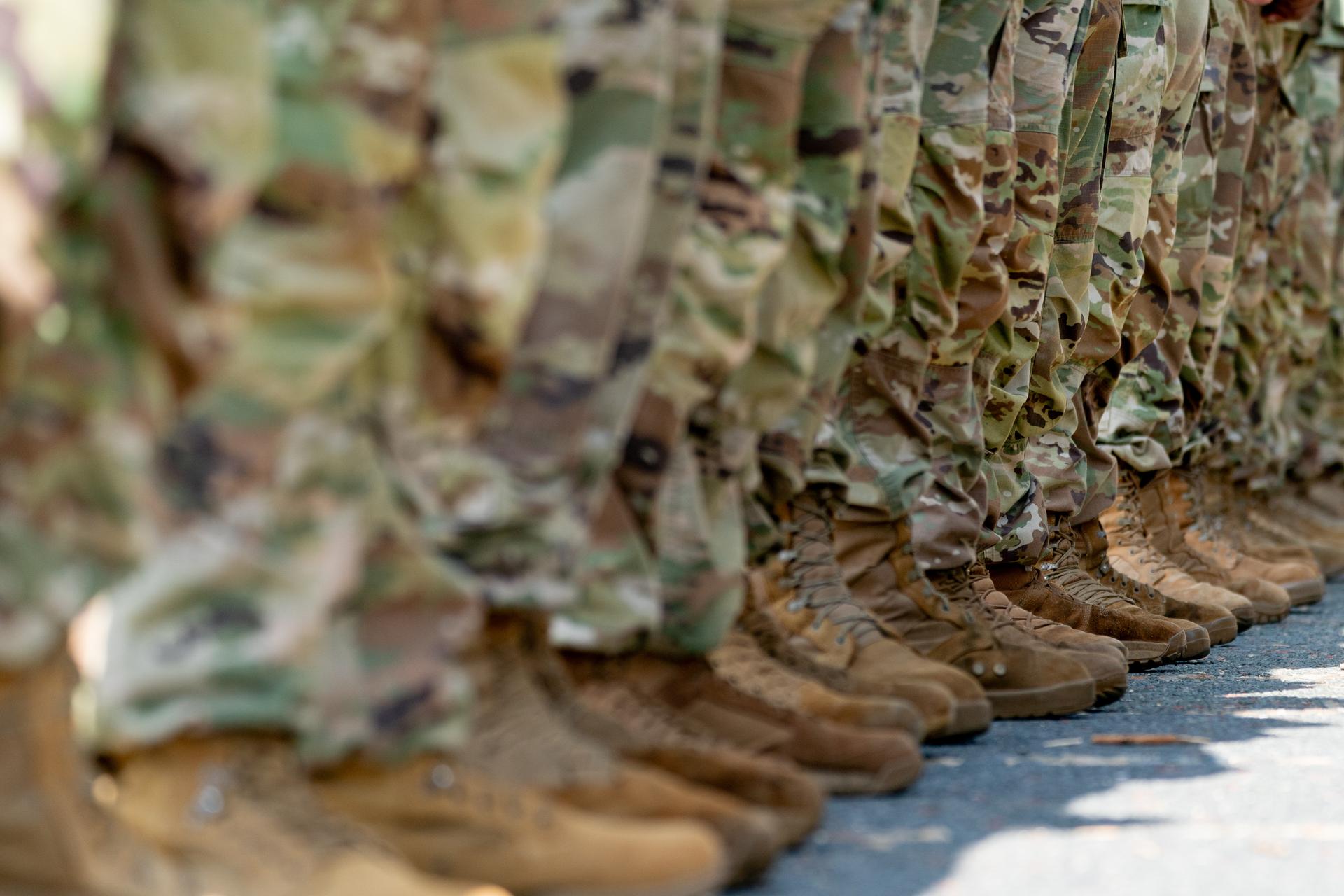 The boots of military troops lined up in formation