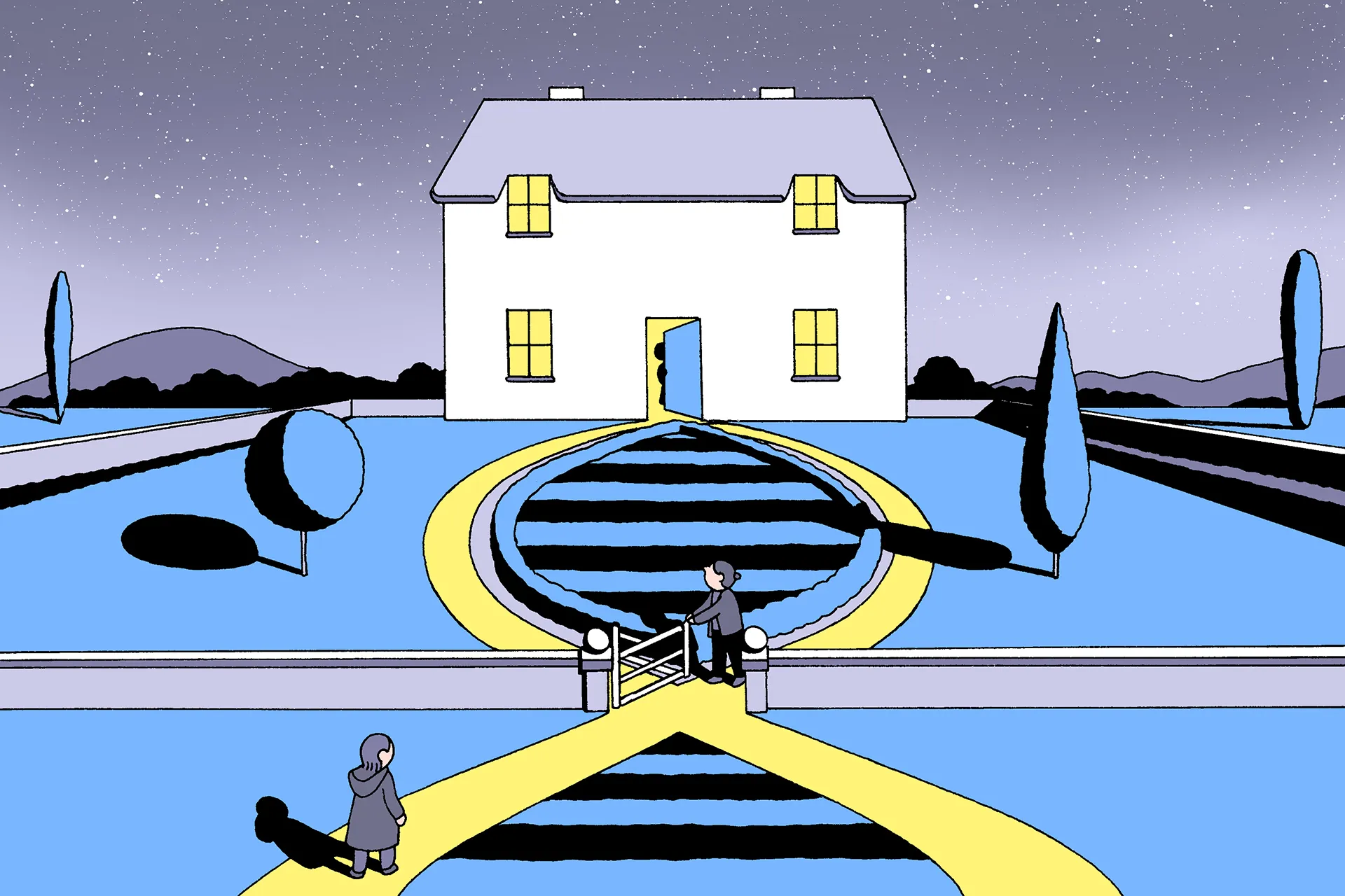 An illustration of a white square house with DNA-shaped gardens.
