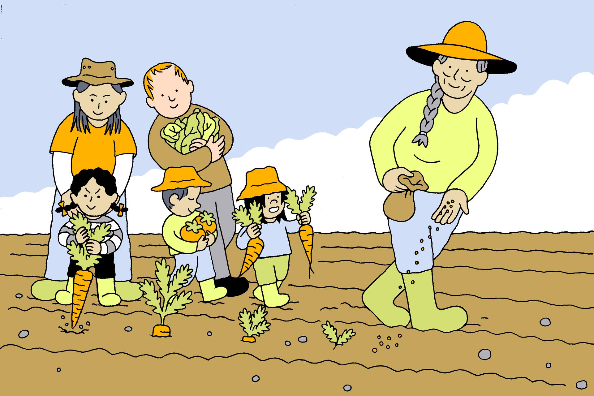 An older woman in a garden hat and boots walks along a plowed field, dropping seeds, as two younger adults and three children pull up plants and carrots behind her.