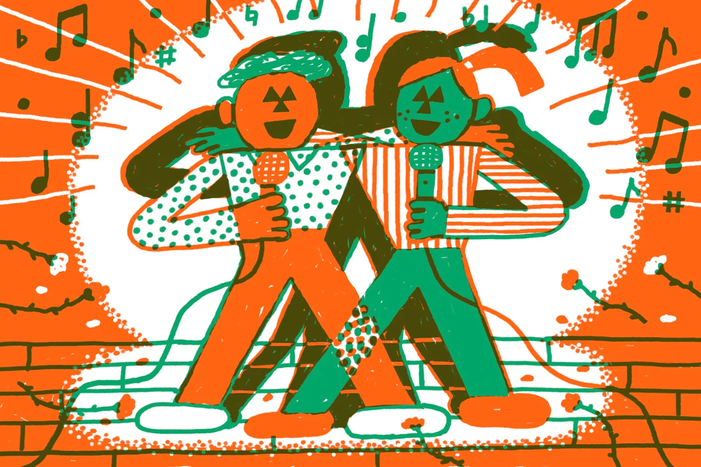 an illustration of two friends doing karaoke