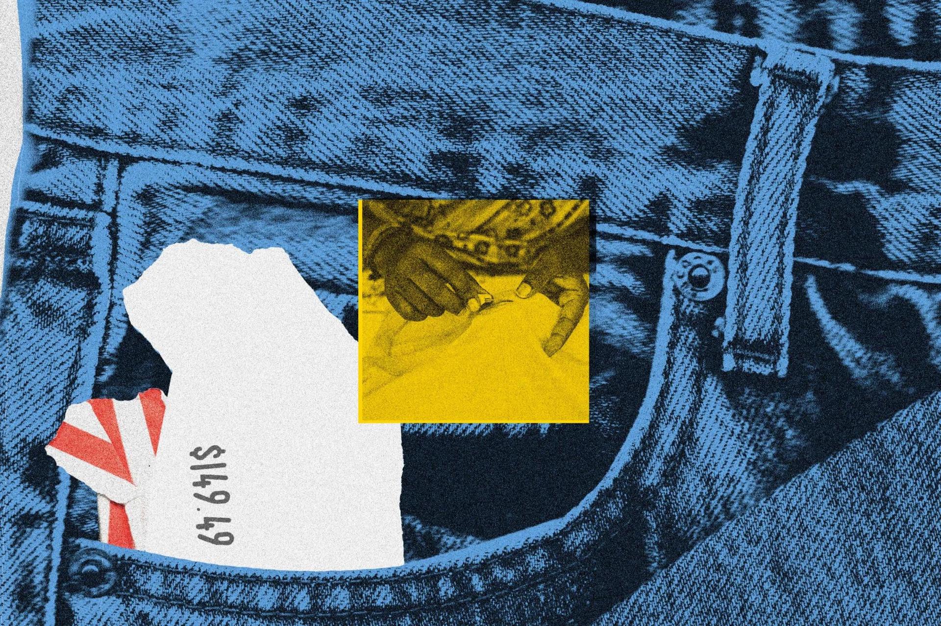 An image of hands sewing fabric is highlighted in yellow. In the background is a close-up of denim jeans with a price tag of $149.49