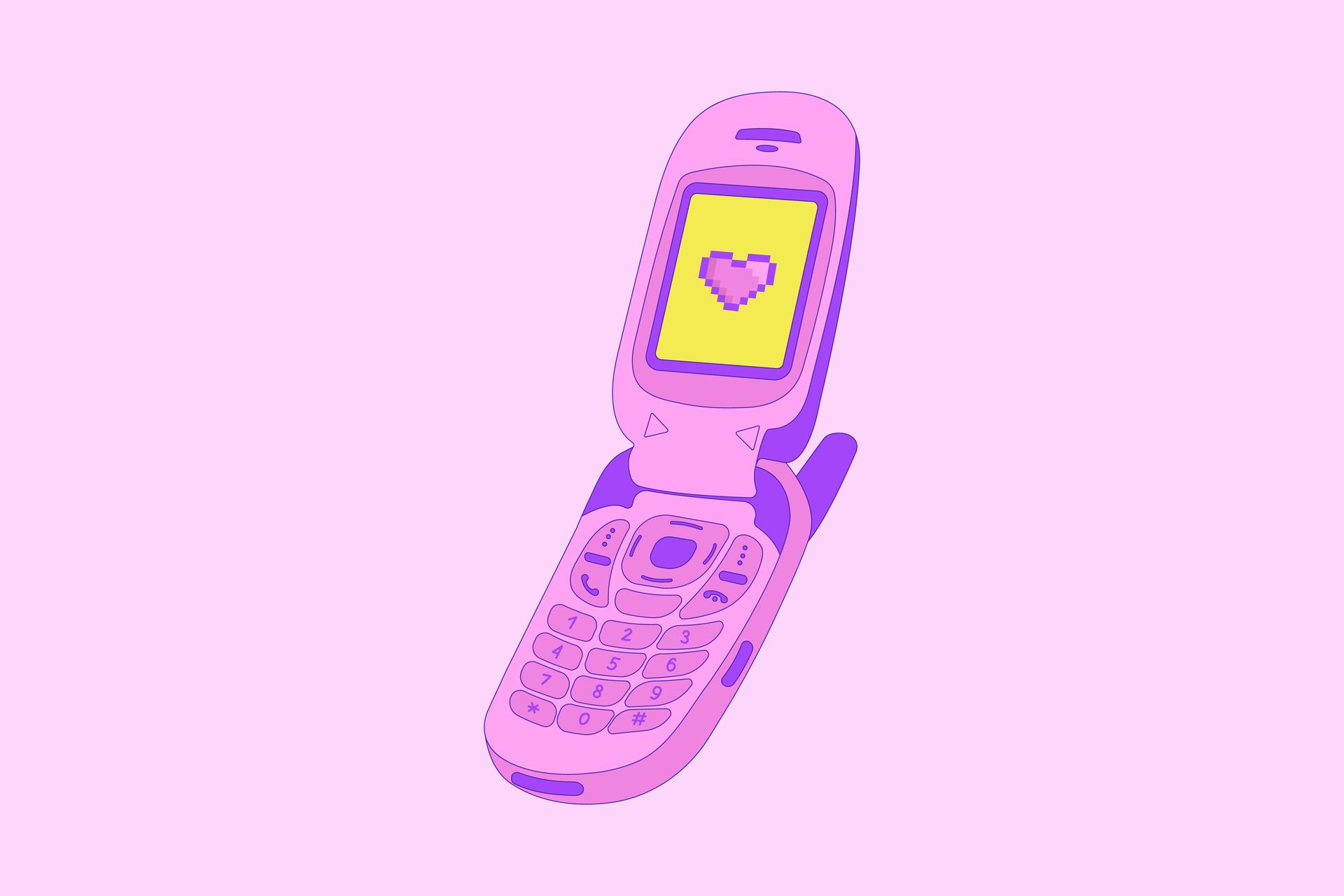 A 2000s-era flip phone shown as an illustration in pink and purple.