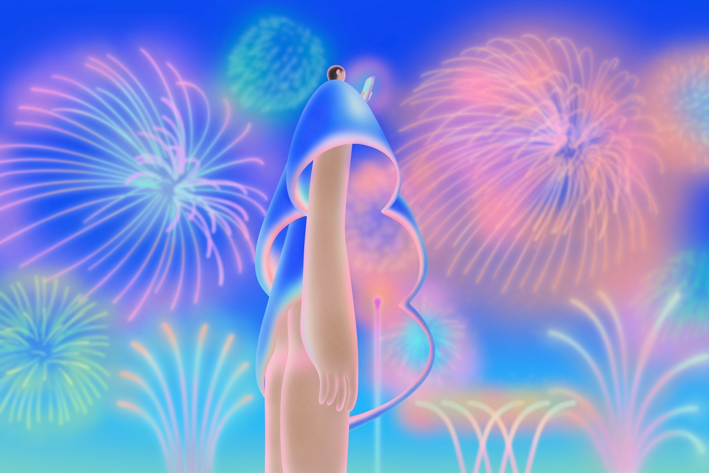 A pastel illustration of a person towering over fireworks with a phone in their hand.