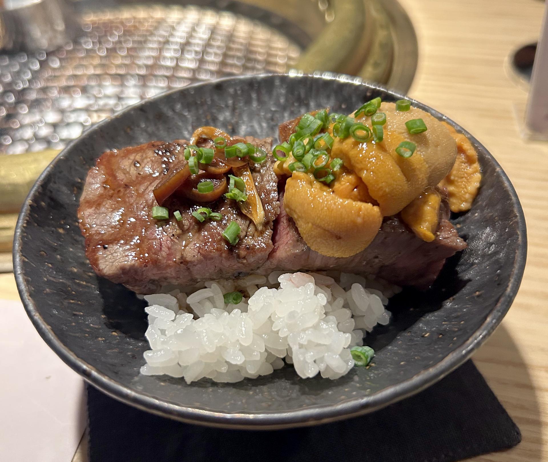 A bowl of rice, meat, and uni.