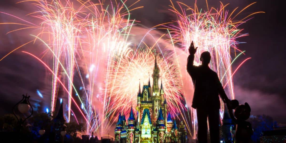 Cinderella Castle and Partner Statue with Fireworks