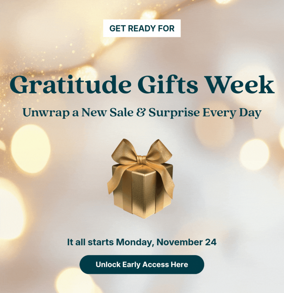 Gratitude gifts week teaser banner with gold present icon