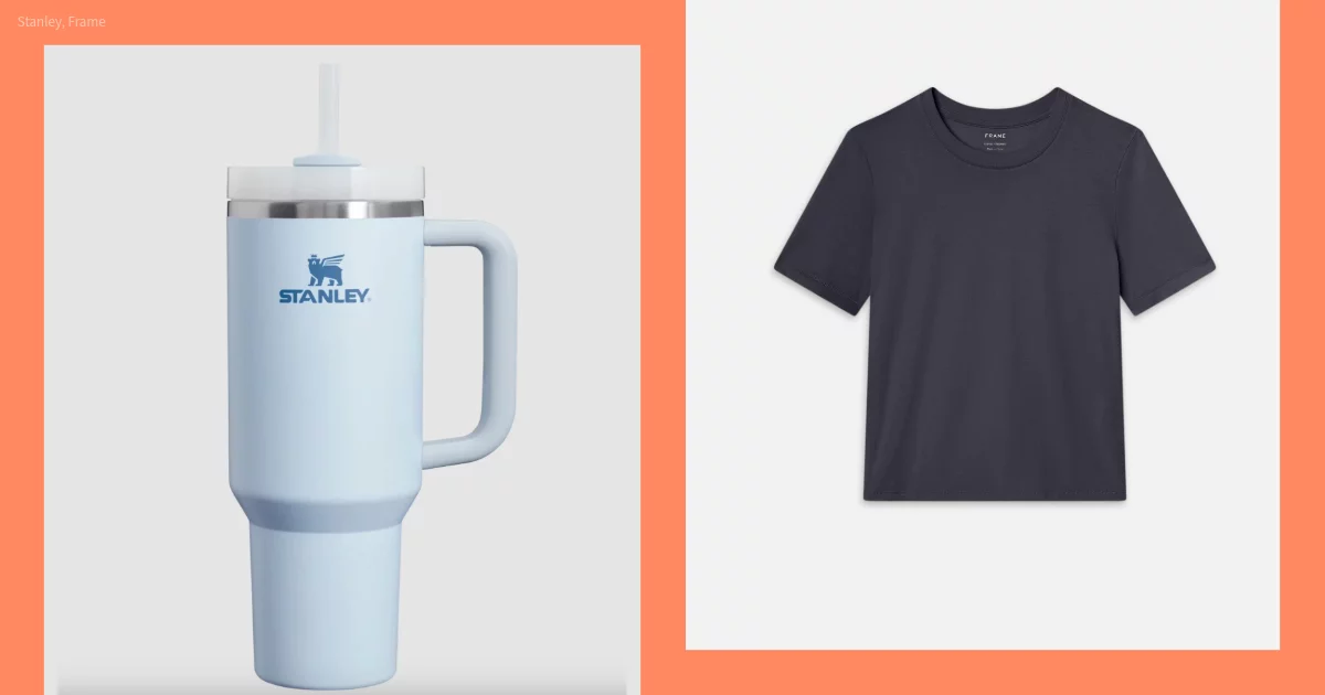 A two-up of a Stanley tumbler and black t-shirt. 