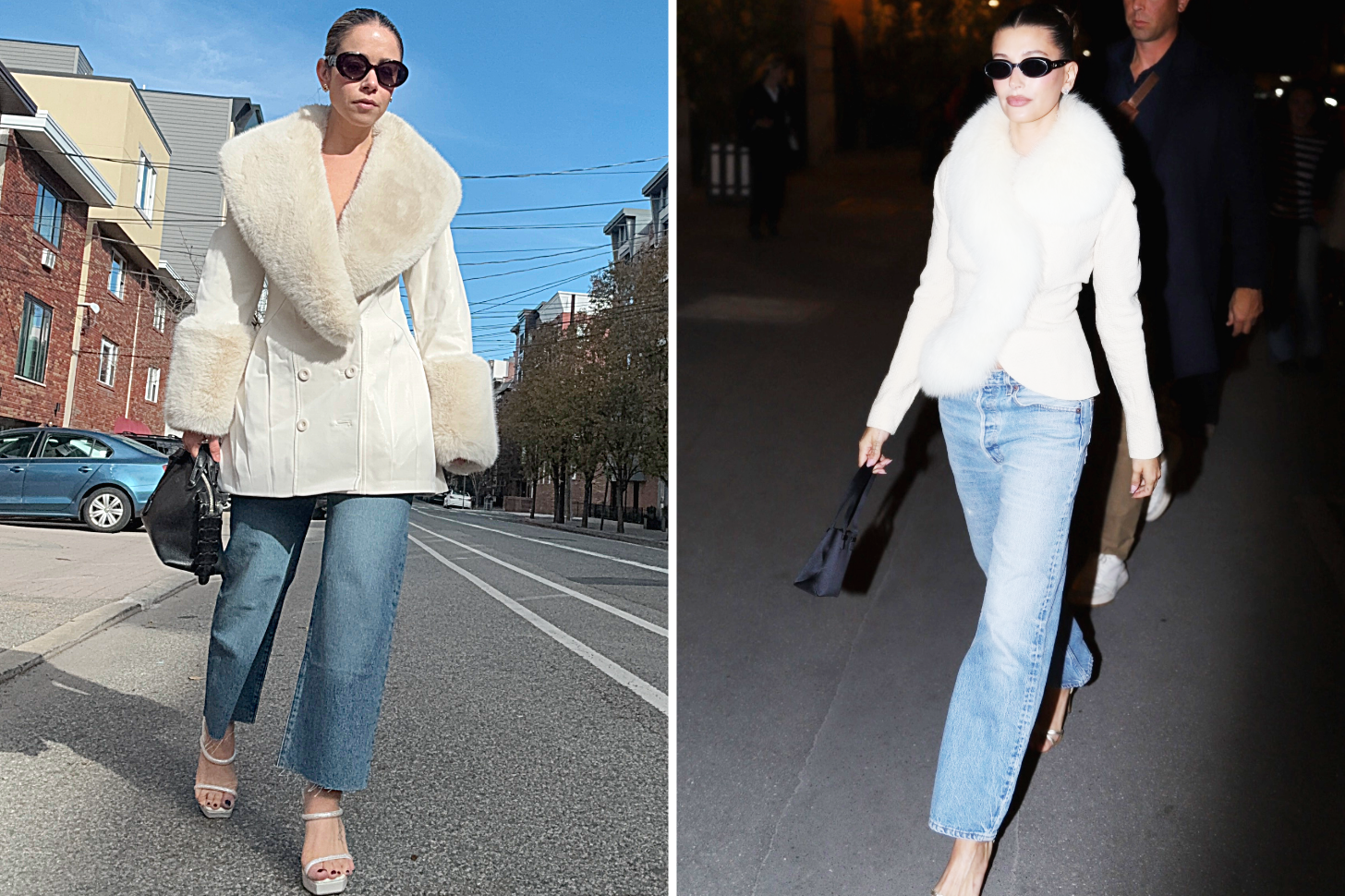 PS Shopping Director Sarah Wasilak and Hailey Bieber Wearing White Faux Fur Jackets and Jeans